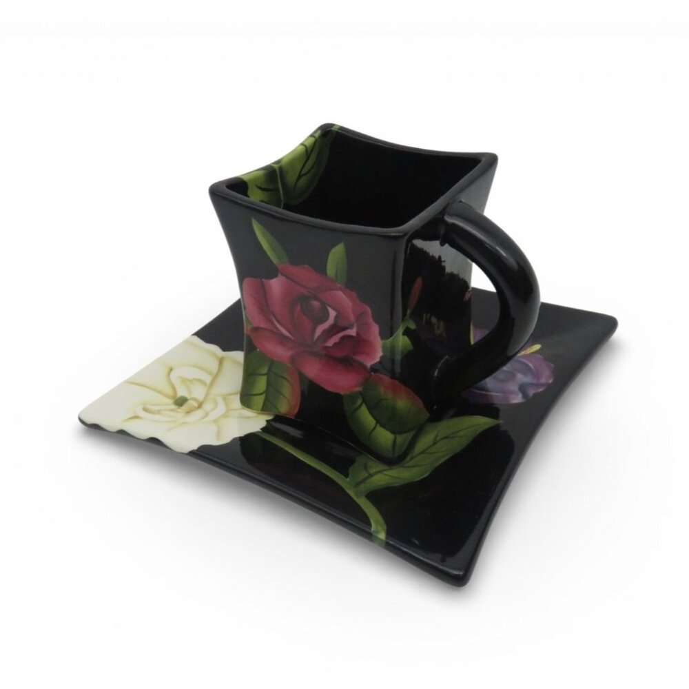 Pacific Rim Handpainted Floral Cup Set Black China 90s Vintage